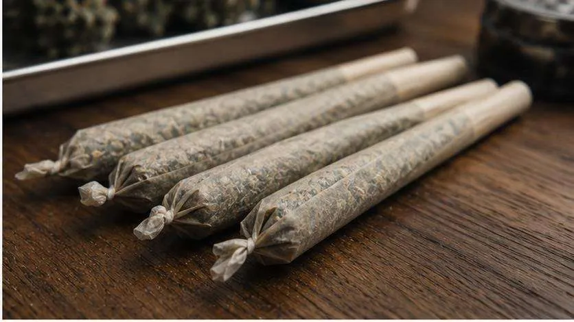 Rolled cannabis pre-rolls arranged on a dark surface